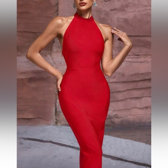 Elegant Red Bodycon Bandage Evening Dress with Bow Detail - Picture 5 of 7